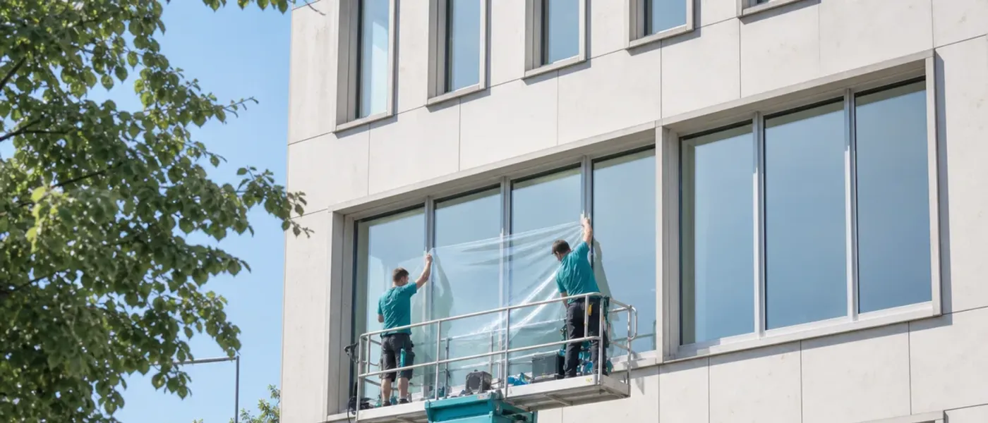 Zwei Monteure bringen von einer Hubarbeitsbühne Sonnenschutzfolie an der Außenseite einer Bürofassade an