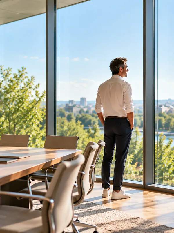 Mitarbeiter steht an der Glasfront eines Büros mit Blick über die Stadt
