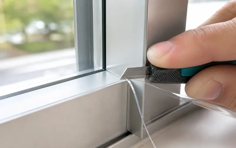 Monteur schneidet Folie präzise an der Fensterkante zu